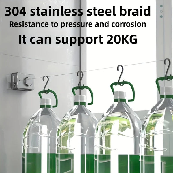 Stainless steel braid clothesline supporting a water bottle, demonstrating resistance to pressure and corrosion.