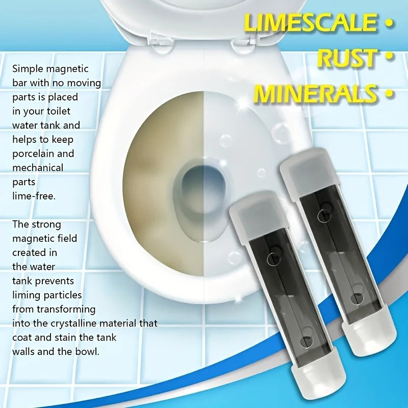 A white magnetic bar cleaning stick is shown next to a toilet bowl, demonstrating its use for limescale and rust removal.