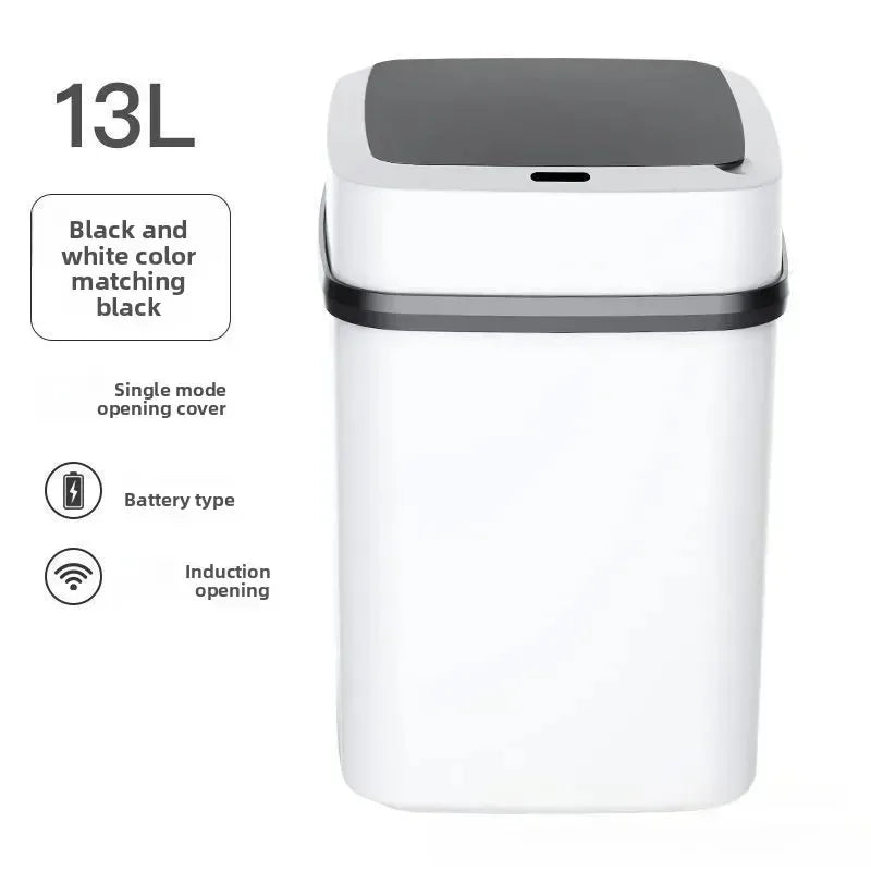 A white and black automatic touchless sensor trash can with a lid.