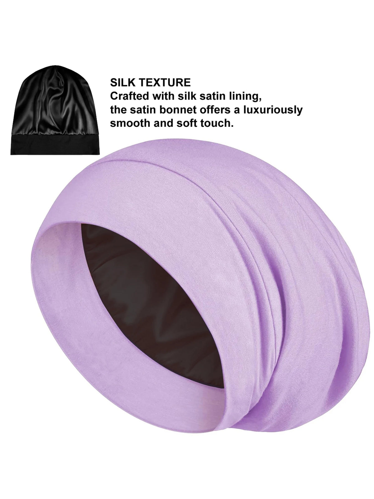 A rolled lavender satin sleep bonnet with a black lining is shown.