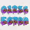 A set of sparkly blue and purple birthday candles shaped like the numbers 1, 2, 3, and 4.