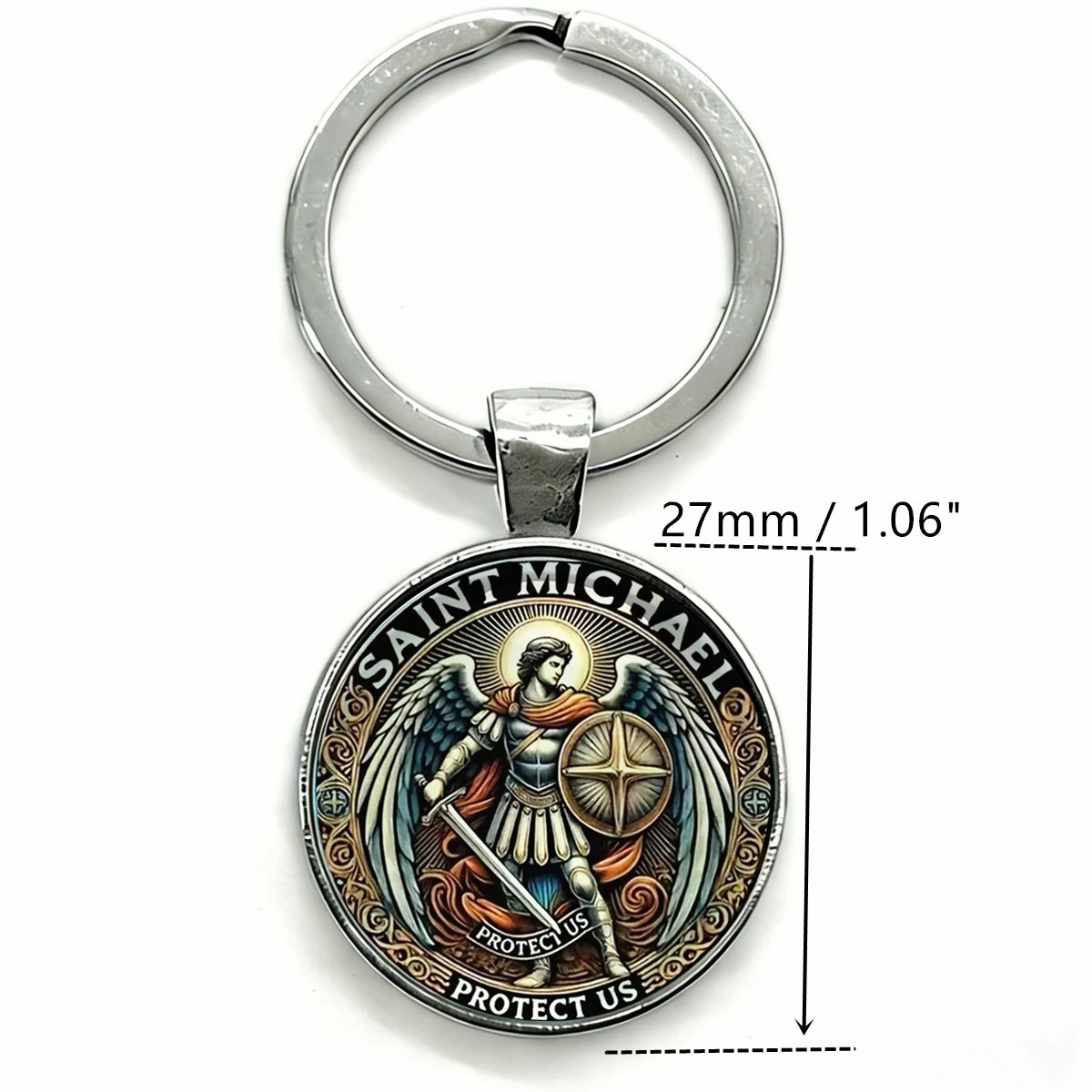 Silver keychain featuring a medallion of Saint Michael the Archangel with wings and a sword.