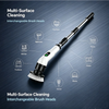 A cordless electric spin scrubber with interchangeable brush heads is shown cleaning various surfaces like floors, kitchen, a
