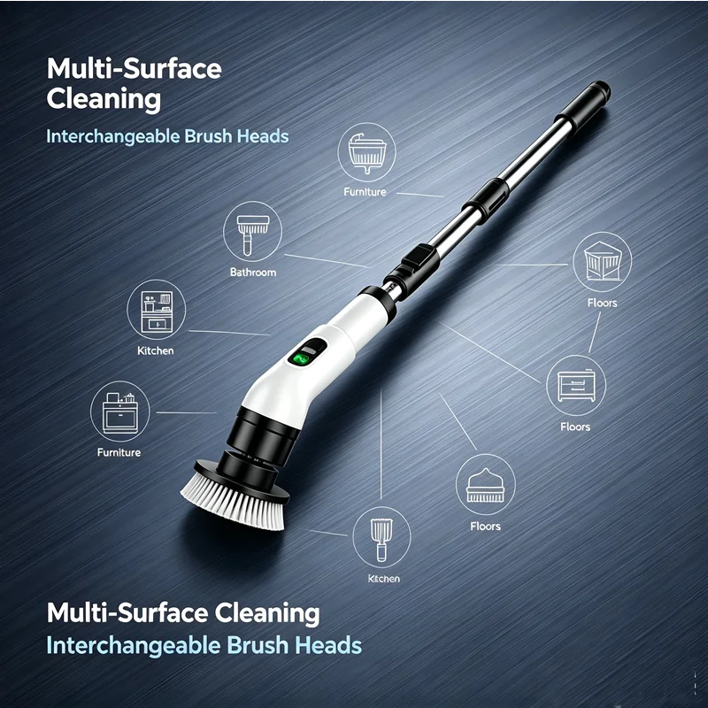 A cordless electric spin scrubber with interchangeable brush heads is shown cleaning various surfaces like floors, kitchen, a