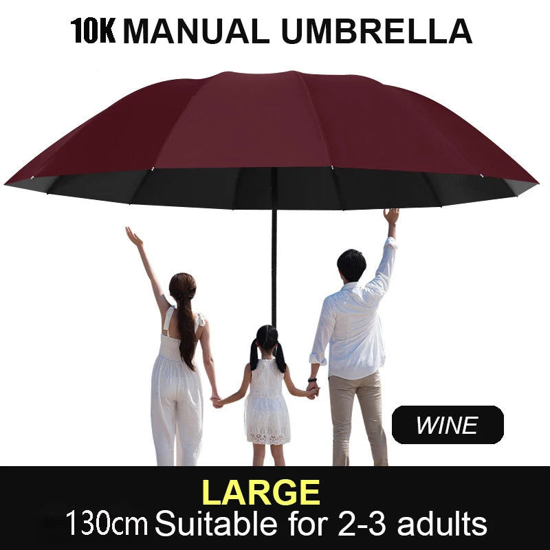 A large maroon manual umbrella is shown open, with two people using it in a wine context.