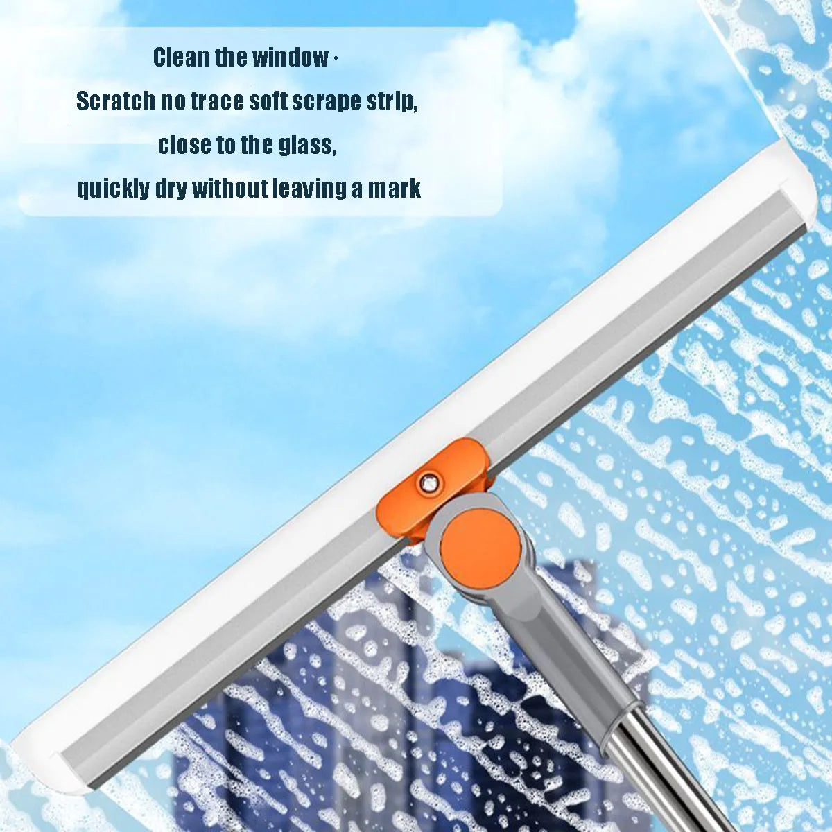 A silicone squeegee broom with an aluminum handle is shown cleaning a window.