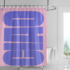 A purple shower curtain featuring abstract geometric art in pink tones hanging from a metal rod.