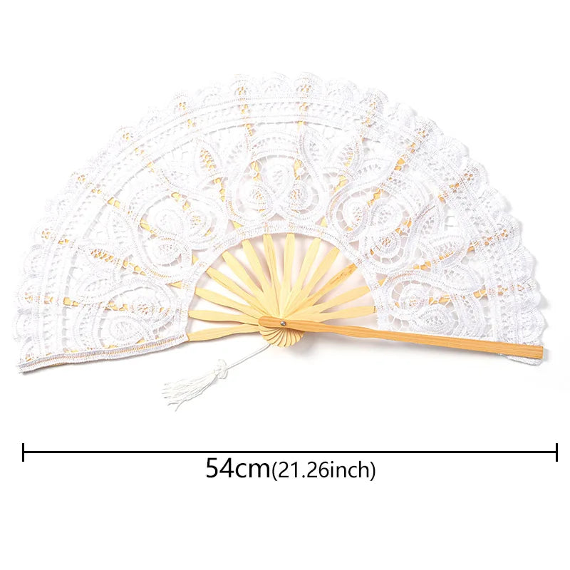 White lace folding handheld fan with a wooden handle and gold accents