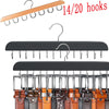 A set of 14 to 20 metal hooks and a black wooden belt and accessory organizer hanger.