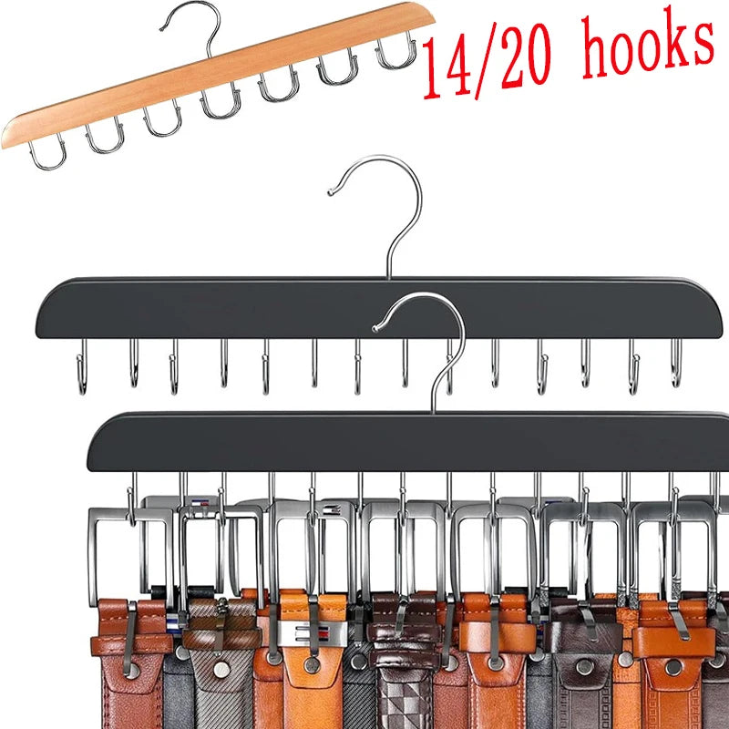 A set of 14 to 20 metal hooks and a black wooden belt and accessory organizer hanger.