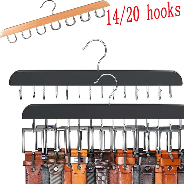 A set of 14 to 20 metal hooks and a black wooden belt and accessory organizer hanger.