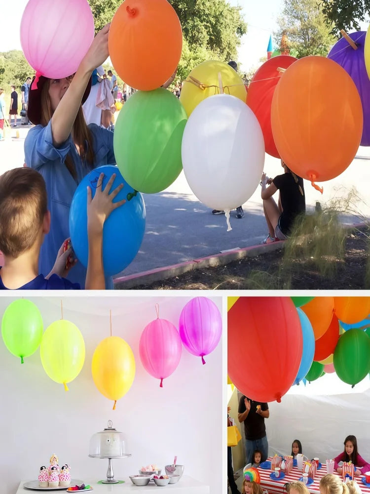 Une collection de ballons à punch en latex colorés dans diverses nuances, incluant rose, orange, vert et jaune.