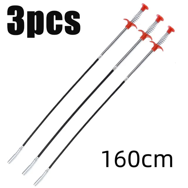 Three 160cm bendable drain augers with claw hooks for hair and debris removal