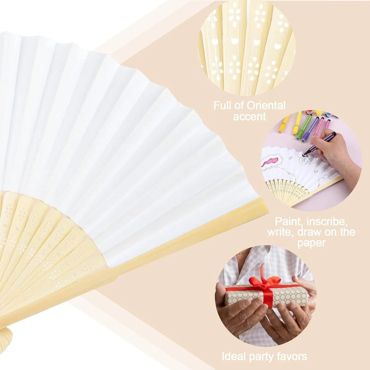 Gros plan sur des ventilateurs décoratifs blancs en bambou, montrés avec des fournitures artistiques colorées et des cadeaux 