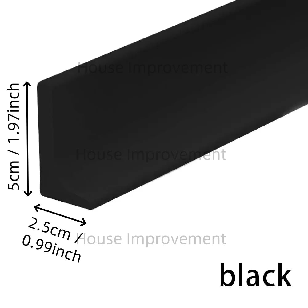 A black silicone shower threshold water barrier strip shown in a profile view with dimension markings.