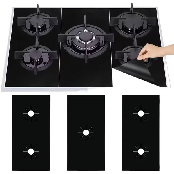 A set of reusable anti-scratch protection pads for gas stoves, showing various sizes and installation methods.