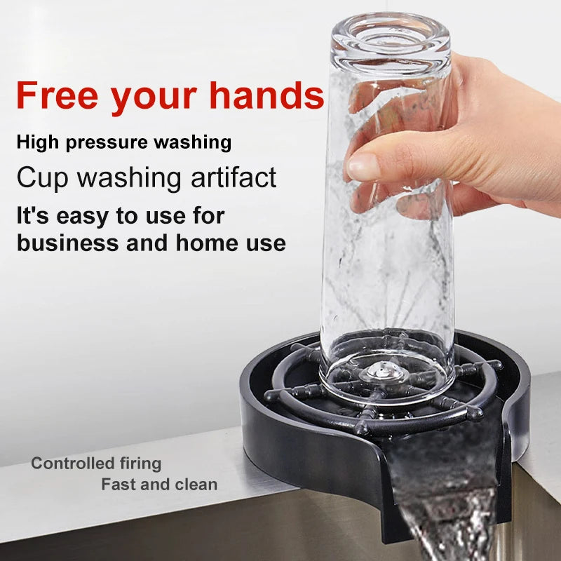 A hand is pouring water into a glass rinser, which is placed on a controlled firing base for high-pressure washing.