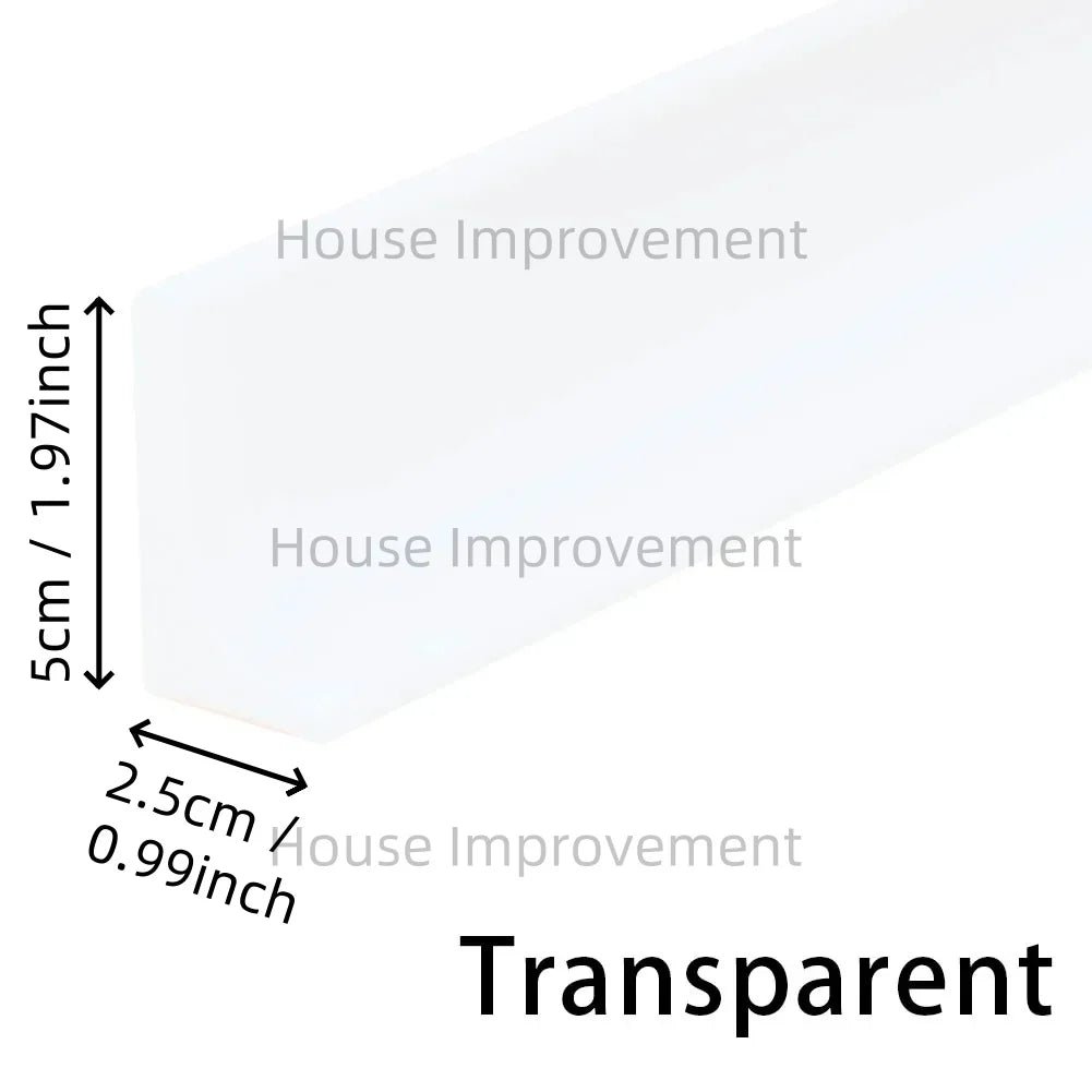 A transparent silicone shower threshold water barrier strip with various dimensions marked.