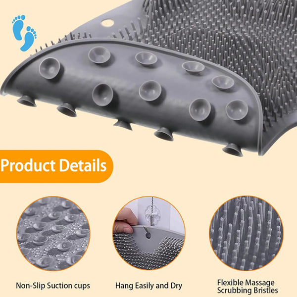 Gray wall mounted shower foot scrubber with suction cups and flexible scrubbing bristles