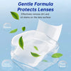 A clear lens wipe shows a gentle formula protecting lenses, with ethanol and pure water visible.