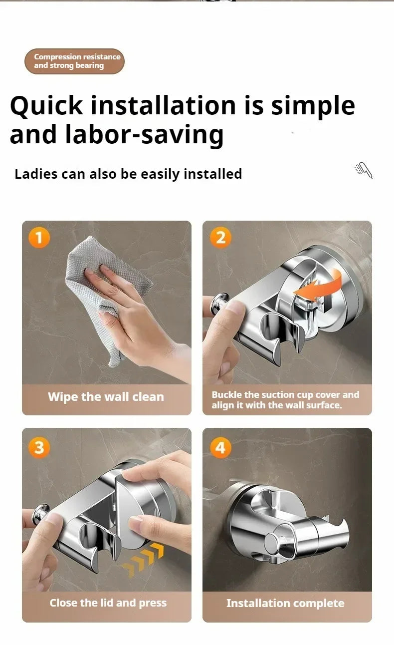 Step-by-step guide showing how to quickly install a No-Drill Adjustable Suction Cup Shower Head Holder on a wall.