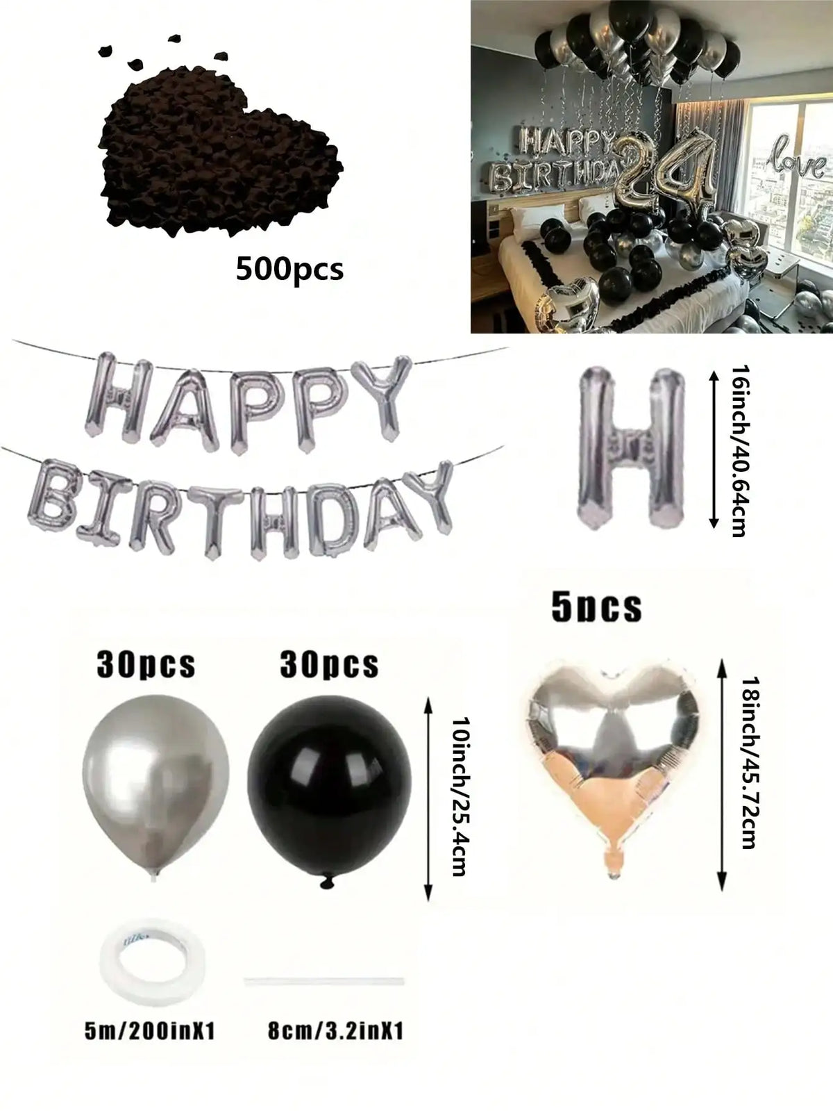Un juego de globos numéricos plateados con acabado de papel metálico en forma de corazón y una cuerda para decoración de cump