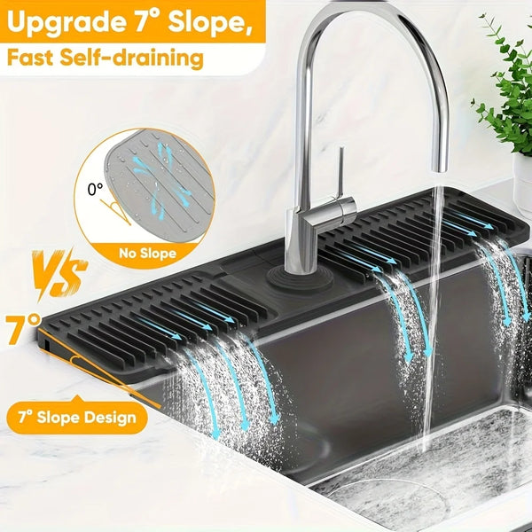 A kitchen faucet is shown spraying water over a silicone sink splash guard demonstrating a 7 degree slope design.
