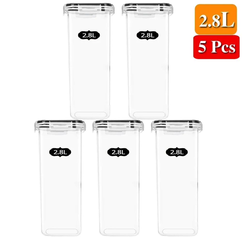 A set of five clear food storage containers with lids, labeled 2.8L each.