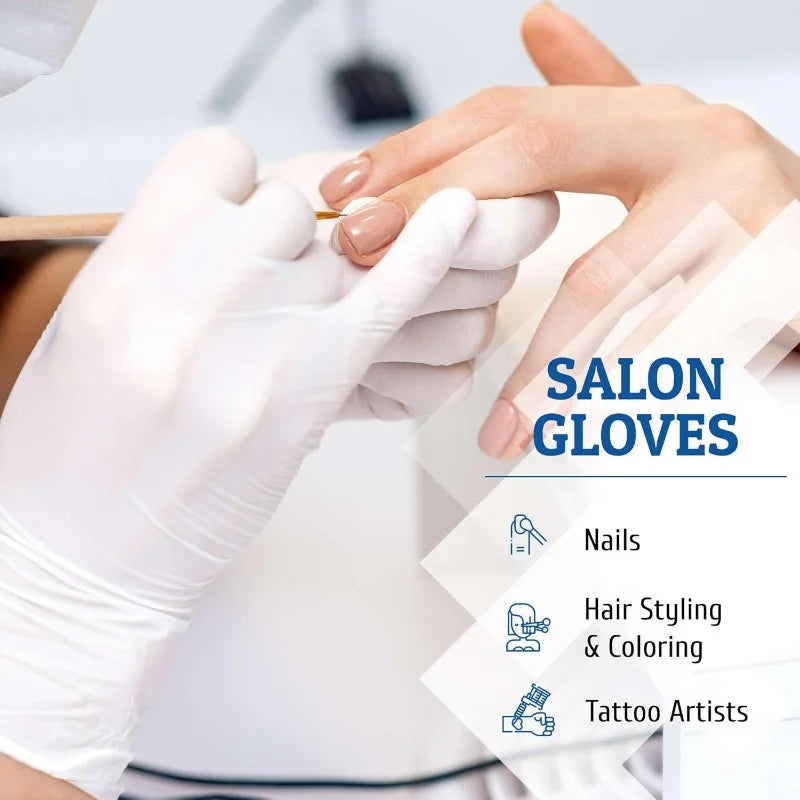 A pair of white disposable salon gloves being worn by a hand applying nail services or tattoo work.