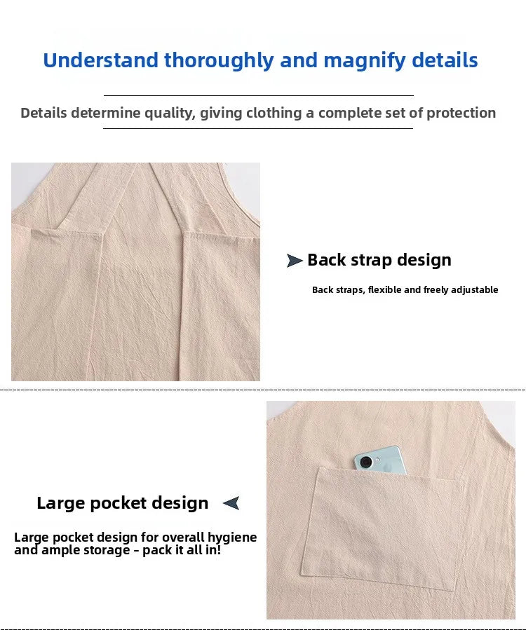 Close-up of a beige cotton kitchen apron showing back strap design and a large pocket detail.