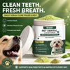 Jar of Kriath Pet Dental Cleaning Powder with a dog looking happy and healthy