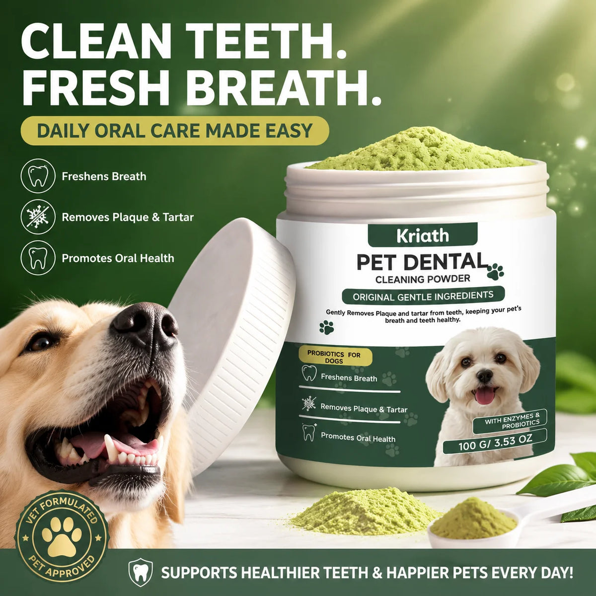 Jar of Kriath Pet Dental Cleaning Powder with a dog looking happy and healthy