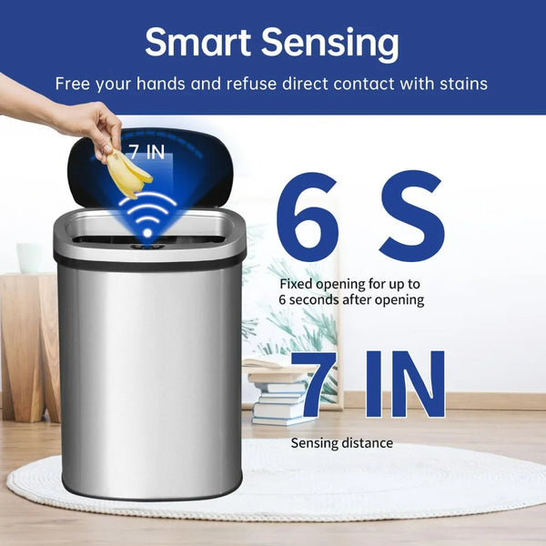 A silver automatic touchless trash can with a sensor, demonstrating smart sensing technology.