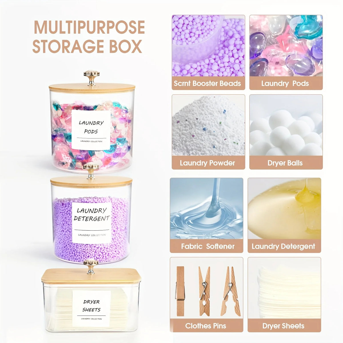 A set of multipurpose storage boxes for laundry pods, detergent, dryer balls, and sheets.