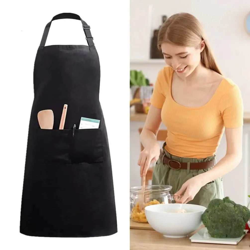 A black chef apron with a large front pocket is shown next to a woman preparing food.
