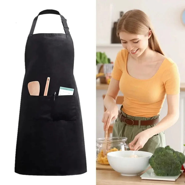 A black chef apron with a large front pocket is shown next to a woman preparing food.