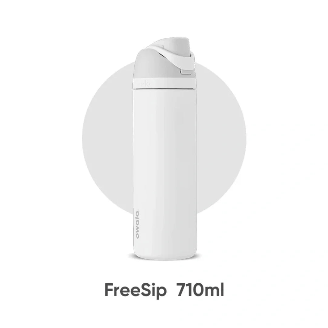 A white FreeSip 710ml insulated water bottle with a clear straw cap.