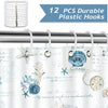Twelve durable plastic hooks for shower curtains featuring nautical designs like starfish and seashells.