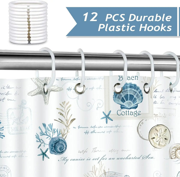 Twelve durable plastic hooks for shower curtains featuring nautical designs like starfish and seashells.