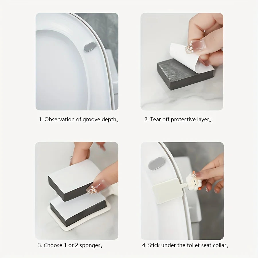 Step-by-step guide showing how to use cartoon toilet seat lifter handles to lift a seat.