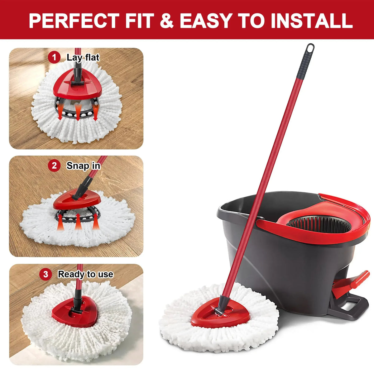 A red and white microfiber mop head is shown in three steps for fitting and use with a black bucket.