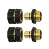 Two black quick release garden hose couplers with brass fittings shown from the side.