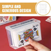 A hand holds a clear plastic storage box filled with playing cards and other small items, demonstrating a simple and generous
