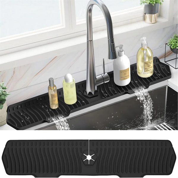 Black silicone sink splash guard and drainer mat with a modern faucet