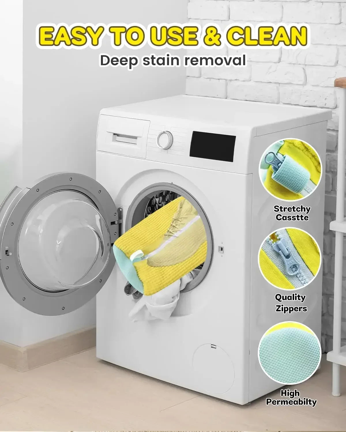 A white washing machine with a removable laundry basket and various cleaning features is shown.