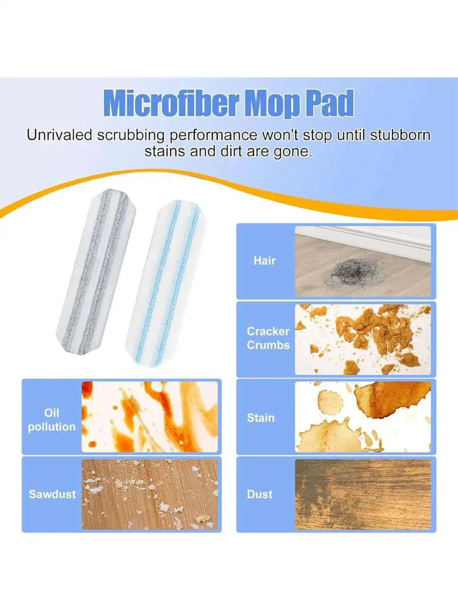 A set of microfiber mop pads for scrubbing stains and dirt, shown alongside various types of debris like hair, crumbs, oil po