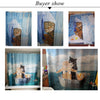A collection of shower curtains featuring cats and abstract geometric art designs.