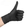 A hand wearing a black disposable nitrile glove making a thumbs up gesture.