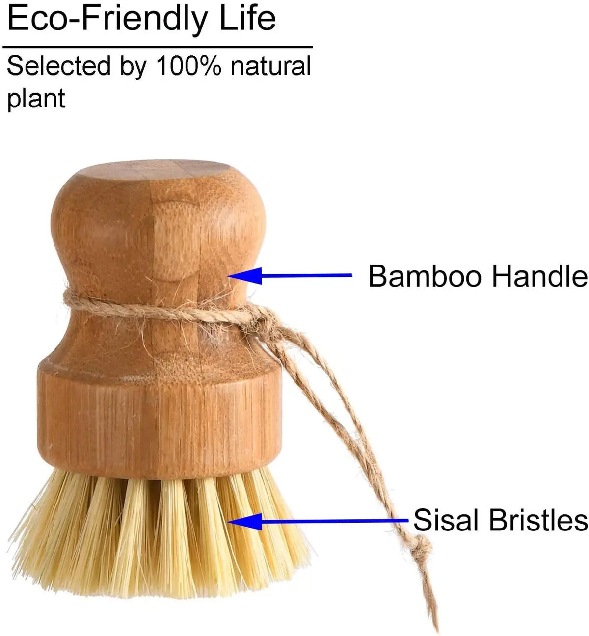 A bamboo dish scrub brush with a wooden handle and sisal bristles.