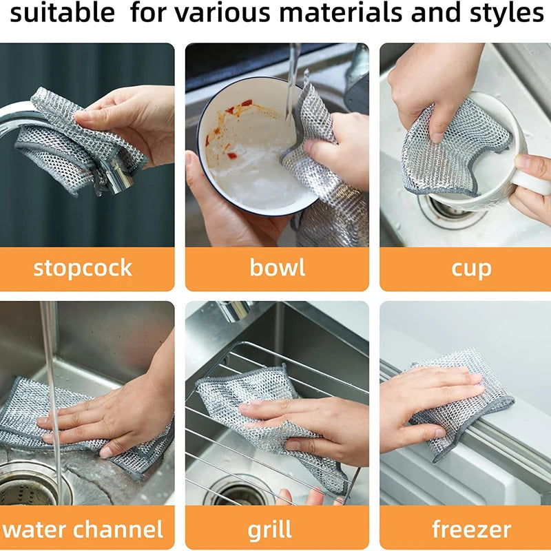 A set of stainless steel wire dish cleaning cloths used for various kitchen tasks like stopping cock, bowl, cup, water channe